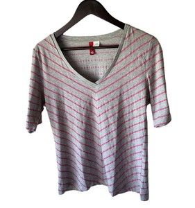 Divided by H&M Basic Striped T-Shirt Top V Neck Pink & Gray Short Sleeve Size 10